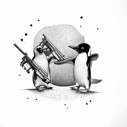 penguin with gun funny tattoo design idea