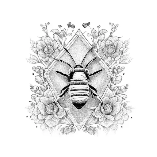 A patchwork of flowers and bees forming a delicate and intricate pattern tattoo design idea