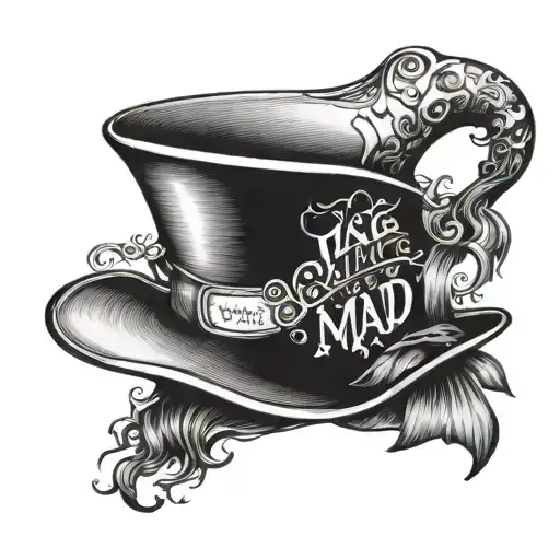 mad hatter's hat saying we're all a little mad in here tattoo design idea