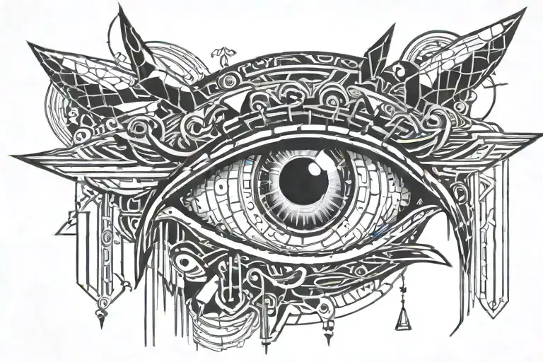 eyes with eyebrows and a the top of a nose with the name Noelia written across the eyes surrounded by cybersigilism tattoo design idea