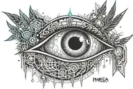 eyes with eyebrows and a the top of a nose with the name Noelia written across the eyes surrounded by cybersigilism tattoo design idea