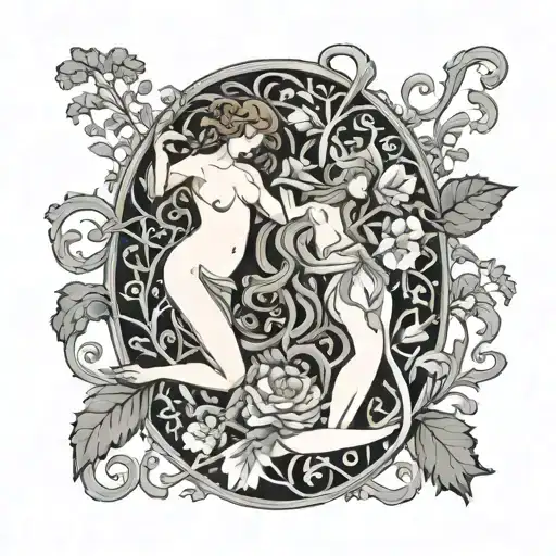 Adam and Eve Floral Art Nouveau William Morris SURREALISM Black And Grey "Birth Month Flowers October, September, August tattoo design idea