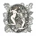 Adam and Eve Floral Art Nouveau William Morris SURREALISM Black And Grey "Birth Month Flowers October, September, August tattoo design idea