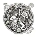 Adam and Eve Floral Art Nouveau William Morris SURREALISM Black And Grey "Birth Month Flowers October, September, August tattoo design idea