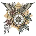 compass sand clock rose tattoo design idea