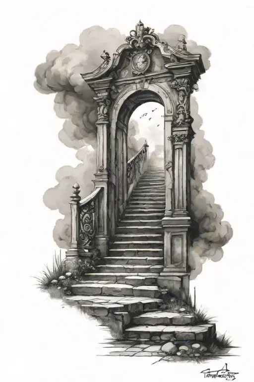 Get a tattoo of stairs to heaven and an open gate tattoo design idea