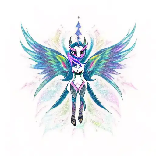A tattoo of a demonic my little pony with colorful wings and a dark, mysterious aura tattoo design idea