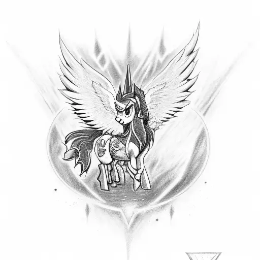 A black-grey tattoo of a demonic my little pony with colorful wings and a dark, mysterious aura tattoo design idea