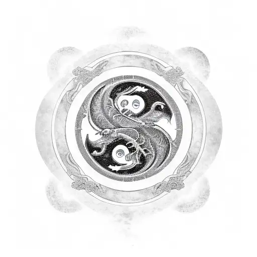 A yin yang symbol with a dragon and IT elements in black-grey style tattoo design idea