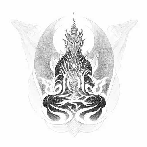 A reiki master meditating with a dragon guardian in blackwork style tattoo design idea