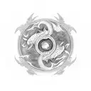 A yin yang symbol with a dragon and IT elements in black-grey style tattoo design idea