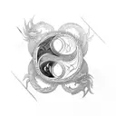 A yin yang symbol with a dragon and IT elements in black-grey style tattoo design idea