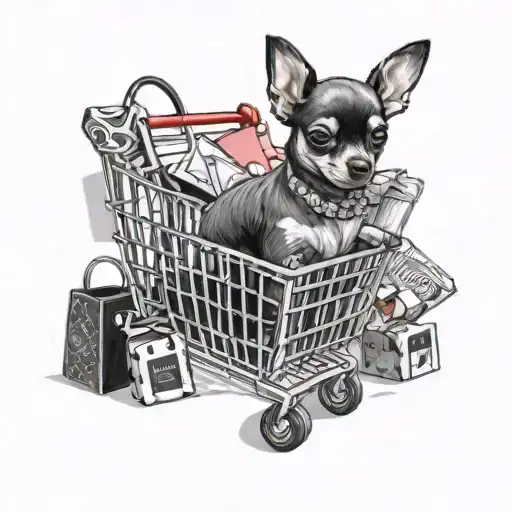 shopping cart, shopping bags, makeup, diamonds, high heels, tiny chihuahua  tattoo design idea