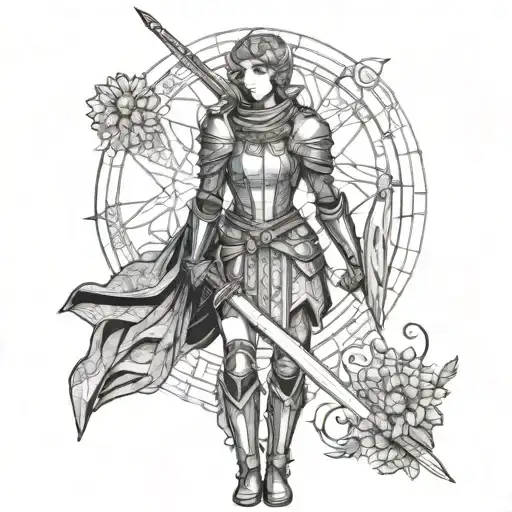 A girl knight stands on the ground, she has a sword in her hands and looks at the sky, there are chamomile flowers around her tattoo design idea