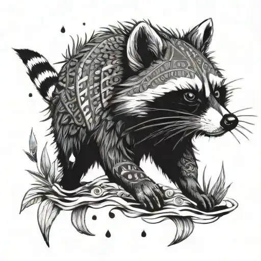 A tribal-inspired raccoon fishing in a prehistoric jungle tattoo design idea