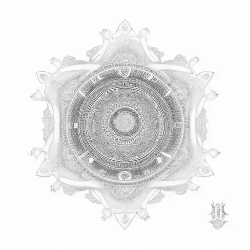 An intricate mandala design incorporating elements of business and finance, symbolizing the balance between work and wealth. tattoo design idea