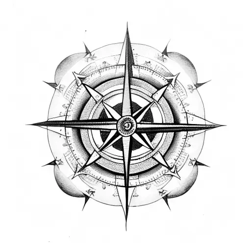 A blackwork tattoo of a compass surrounded by swirling clouds and a starry night sky, representing your nautical interests tattoo design idea
