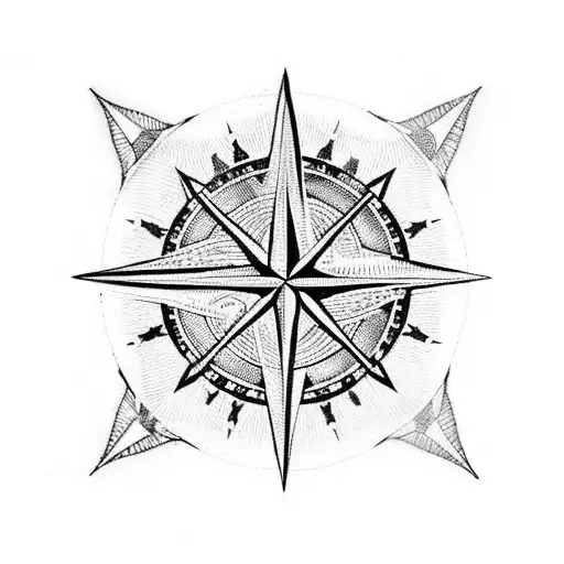 A blackwork tattoo of a compass surrounded by swirling clouds and a starry night sky, representing your nautical interests tattoo design idea