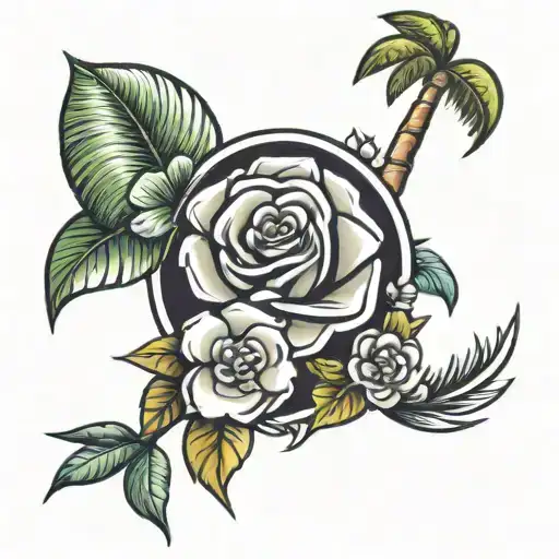 money rose with paradise and coconut tree tattoo design idea