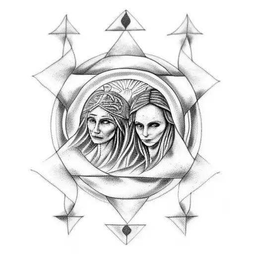 triple goddess tattoo of maiden mother and the crone. the mother in the center with her arms held up towards a full moon tattoo design idea