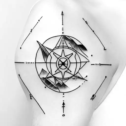 A minimalist mountain range with a compass in the center, symbolizing your love for hiking and your ability to navigate challenges in your managerial role. tattoo design idea