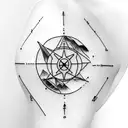 A minimalist mountain range with a compass in the center, symbolizing your love for hiking and your ability to navigate challenges in your managerial role. tattoo design idea