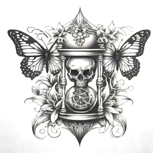 Hourglass with Skull with Spider Lily with Butterfly tattoo design idea