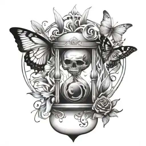 Hourglass with Skull with Spider Lily with Butterfly tattoo design idea