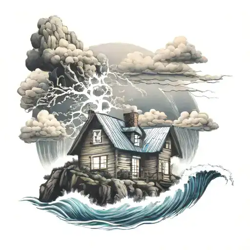 house bulit on a mountain with ocean waves crashing and in a lightning storm tattoo design idea