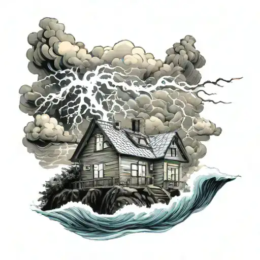 house bulit on a mountain with ocean waves crashing and in a lightning storm tattoo design idea