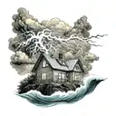 house bulit on a mountain with ocean waves crashing and in a lightning storm tattoo design idea