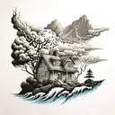 house bulit on a mountain with ocean waves crashing and in a lightning storm tattoo design idea