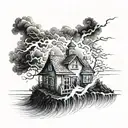 house bulit on a mountain with ocean waves crashing and in a lightning storm tattoo design idea