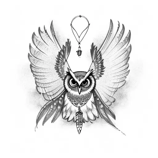 owl with wide open wings holding a dream catcher in legs tattoo design idea