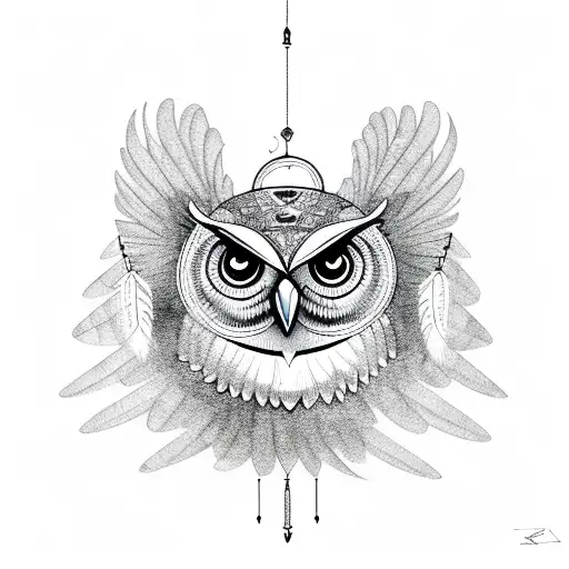 owl with wide open wings holding a dream catcher  tattoo design idea