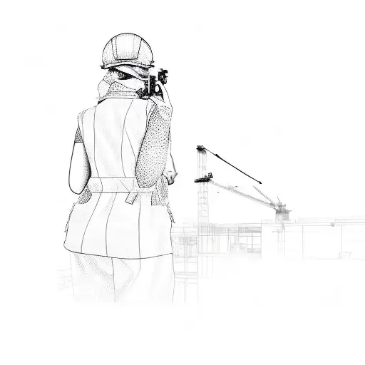 a lady looking through the window at some construction site cranes tattoo design idea