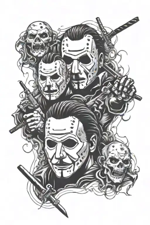 A tattoo design incorporating iconic Halloween slashers like Michael Myers and Jason Voorhees in a unique and artistic way tattoo design idea