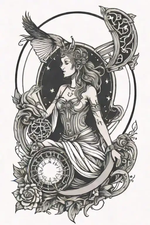 lines and glow and tarot card and music and moon tattoo design idea