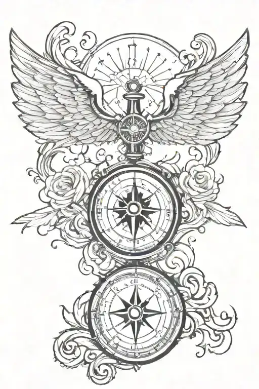 cross on top wings surround compass   tattoo design idea