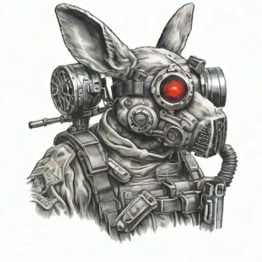 tactical bunny wearing bullet proof vest and wearing a gas mask with red eyes and holding an AR 15 with a hurt ear tattoo design idea