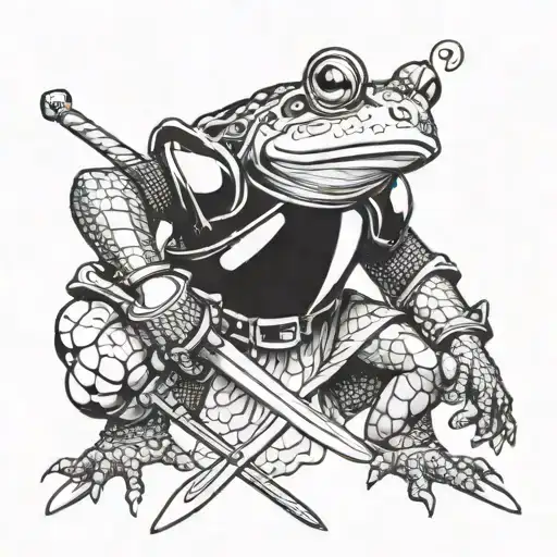 humanoid frog wearing suit of armor holding a sword tattoo design idea