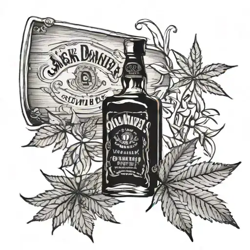 A Jack Daniel's bottle morphing into a marijuana leaf tattoo design idea