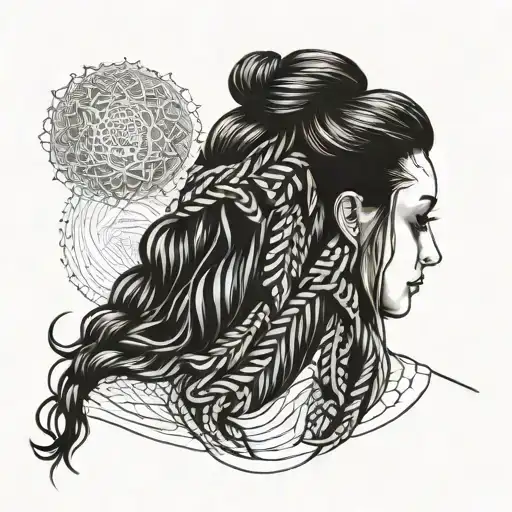 A spiritual hairdresser creating intricate braids inspired by sacred geometry tattoo design idea
