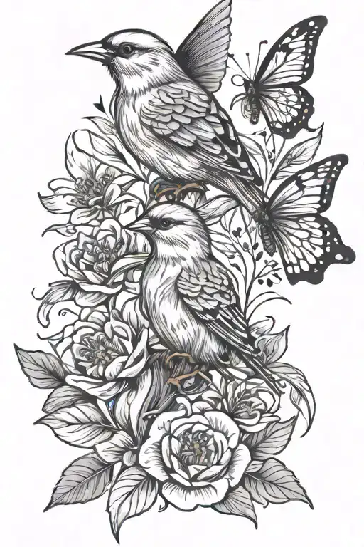 flying canary with flowers and a butterfly tattoo design idea