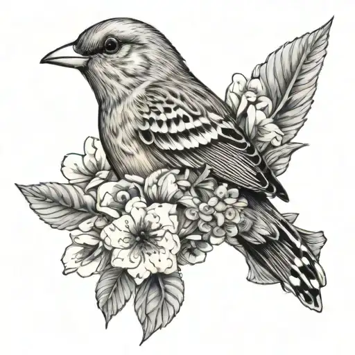 canary bird, flowers and butterfly tattoo design idea