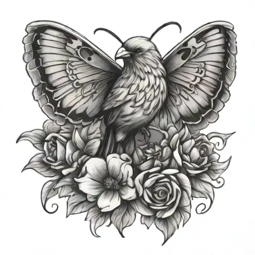 canary bird with flowers and a butterfly tattoo design idea