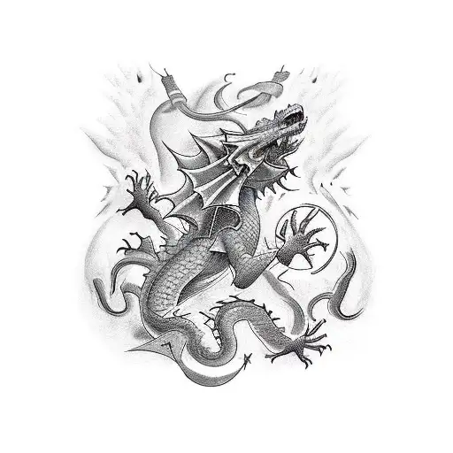 three dragons, two big and one small, the first one is red, the second one is black and the baby dragon is white. tattoo design idea
