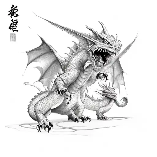 three dragons, two big and one small, the first one is red, the second one is black and the baby dragon is white. tattoo design idea