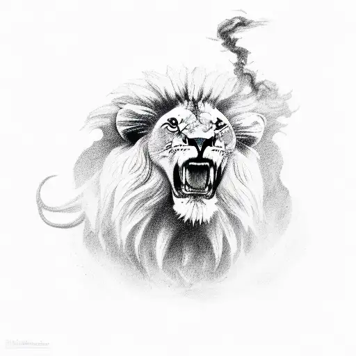 Lion roaring with smoke coming out of his mouth that forms the smoke into a skull tattoo design idea