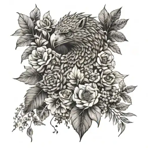 A nature-themed sleeve tattoo with snakes, hyenas, and eagles hidden among foliage and flowers tattoo design idea